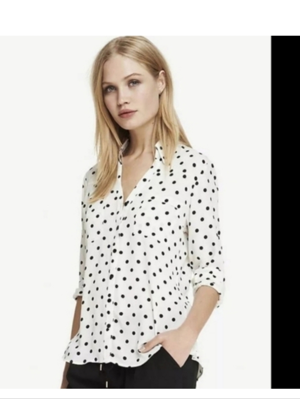 Express Ivory & Black Polka Dots Button Up Front Long Sleeve Blouse Shirt Top